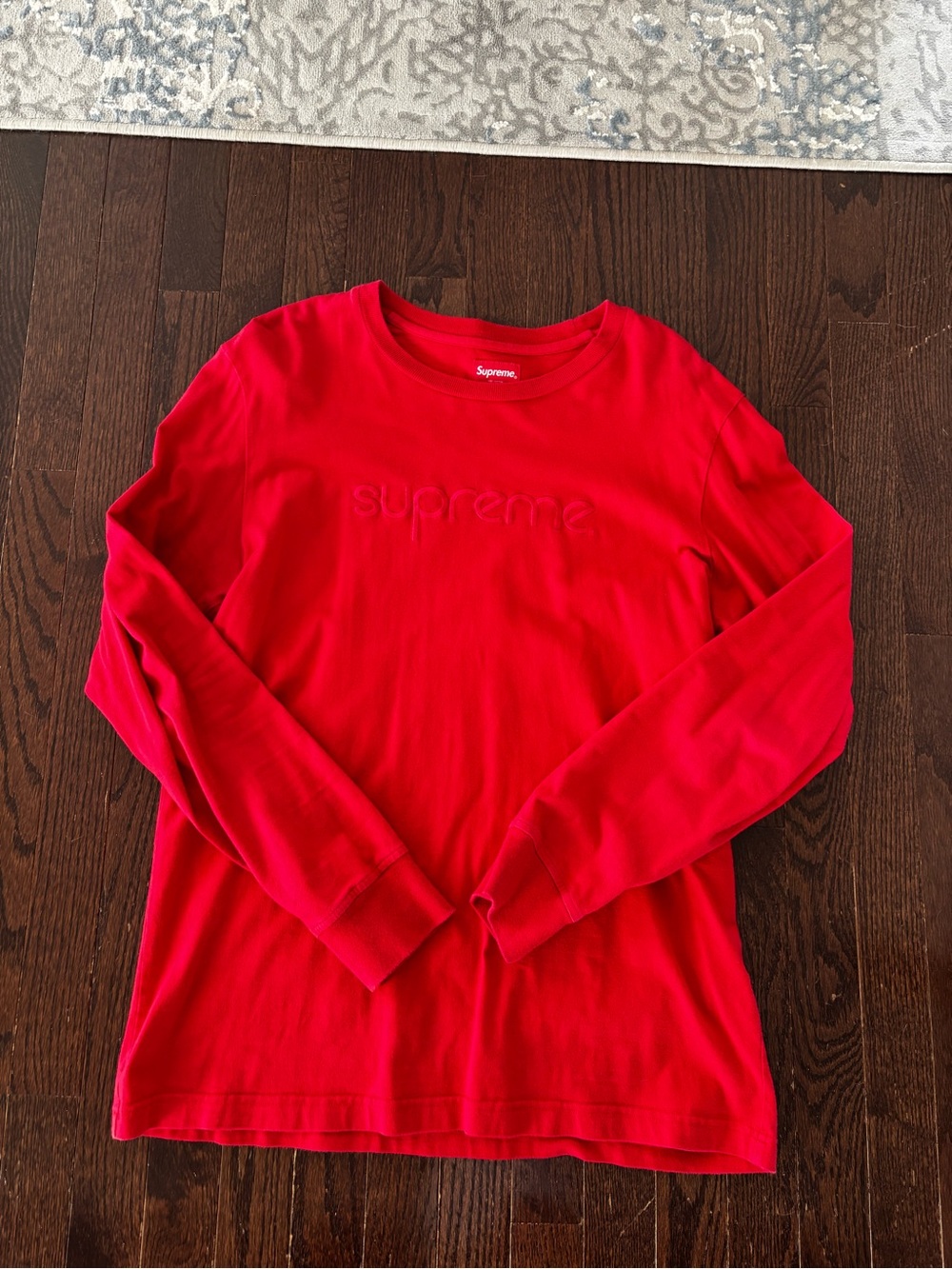 Supreme Bright Red Long Sleeve Embossed Logo Tee